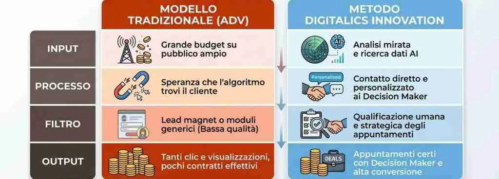 Tabella comparativa per la generazione di appuntamenti commerciali qualificati: confronto tra modello tradizionale e Metodo Digitalics Innovation